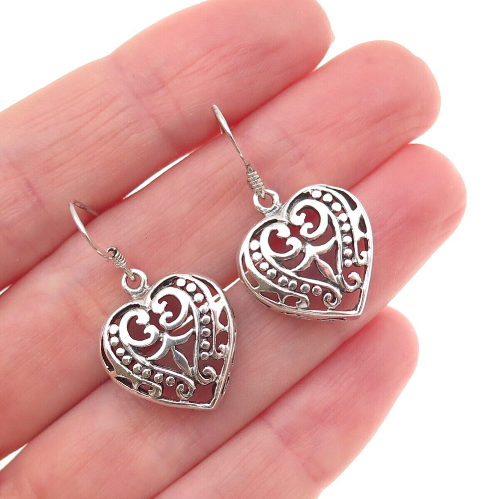 925 Sterling Silver Vintage Floral Heart Oxidized Dangle Earrings